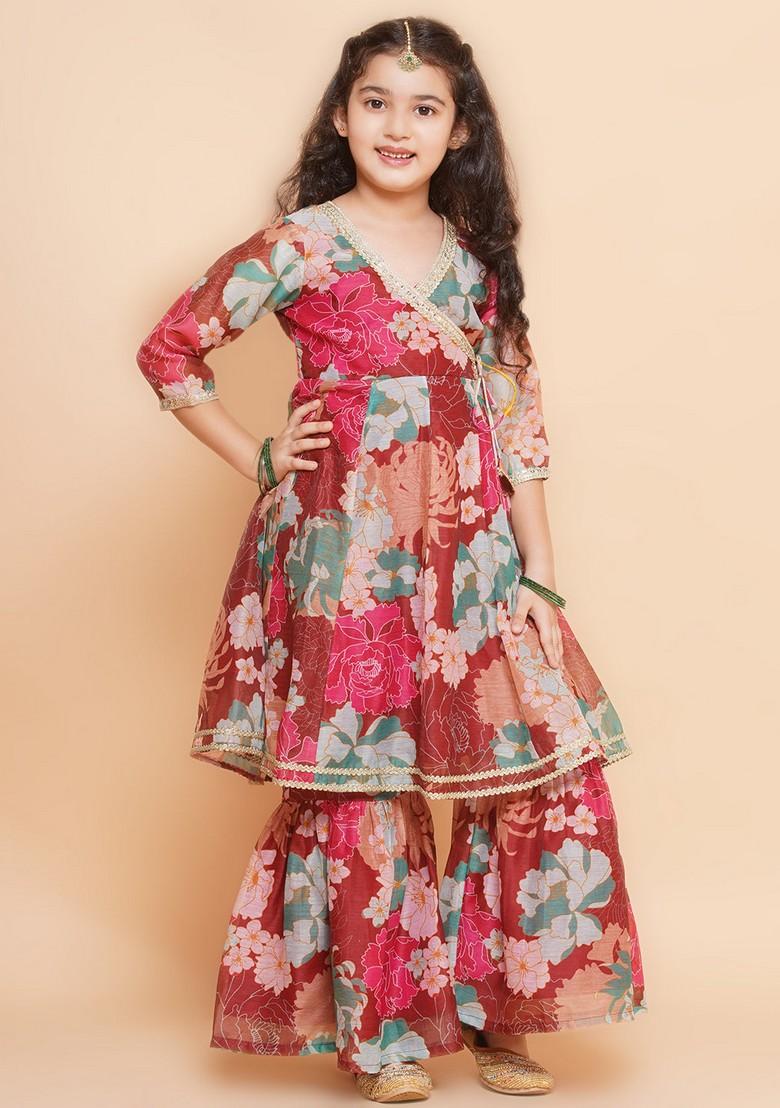 Maroon Floral Print Kurta With Sharara And Dupatta (Set of 3)