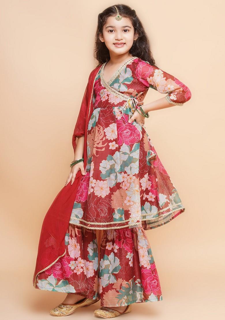 Maroon Floral Print Kurta With Sharara And Dupatta (Set of 3)