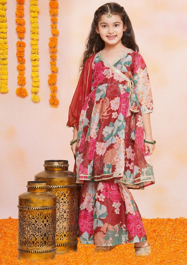 Maroon Floral Print Kurta With Sharara And Dupatta (Set of 3)