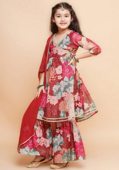Maroon Floral Print Kurta With Sharara And Dupatta (Set of 3)