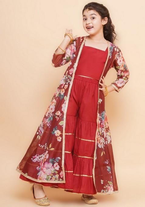 Maroon Floral Print Kurta With Sharara And Shrug (Set of 3)