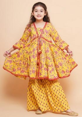 Yellow Floral Print Kurta With Sharara (Set of 2)
