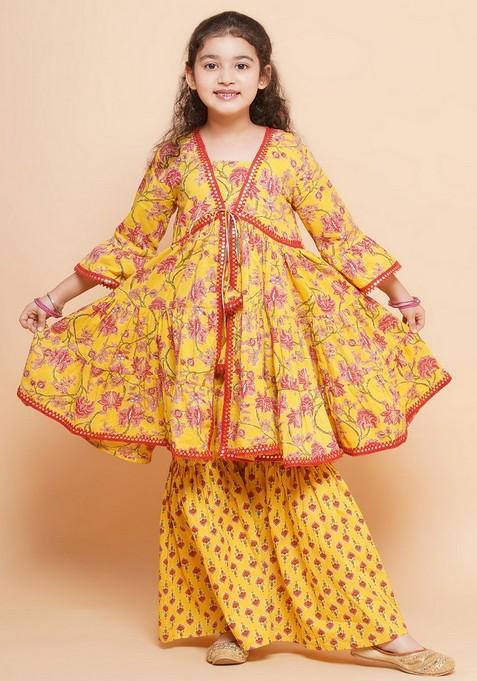 Yellow Floral Print Kurta With Sharara (Set of 2)