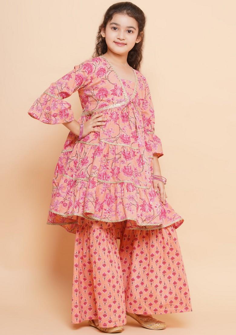 Peach Floral Print Kurta With Sharara (Set of 2)