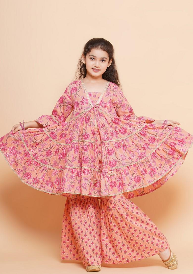 Peach Floral Print Kurta With Sharara (Set of 2)