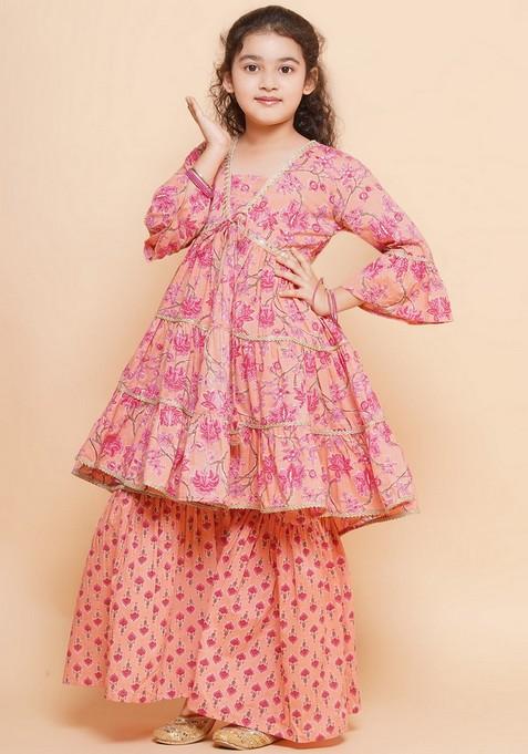 Peach Floral Print Kurta With Sharara (Set of 2)