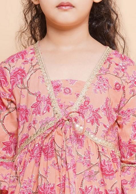 Peach Floral Print Kurta With Sharara (Set of 2)