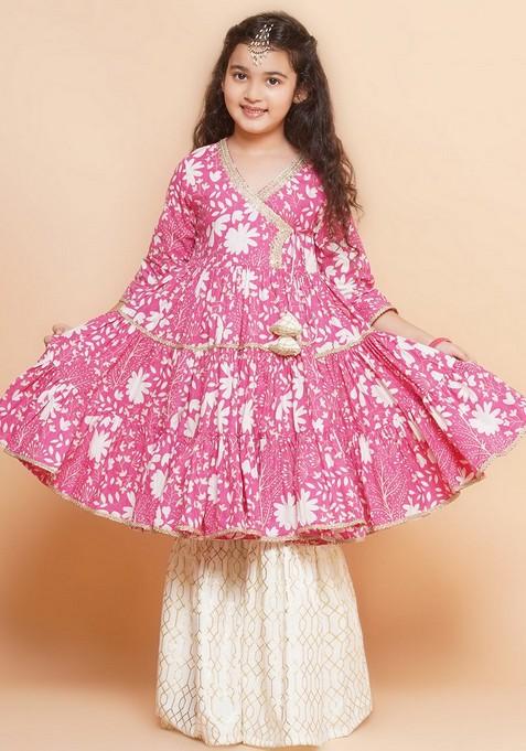 Pink Floral Print Kurta With Sharara (Set of 2)