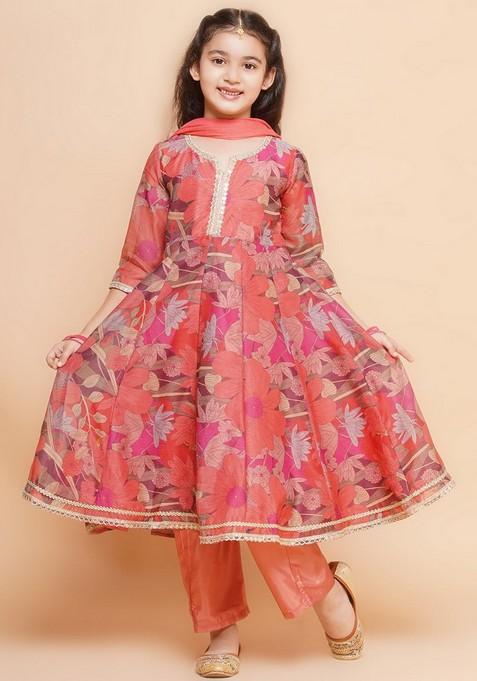 Peach Floral Print Kurta With Pants And Dupatta (Set of 3)