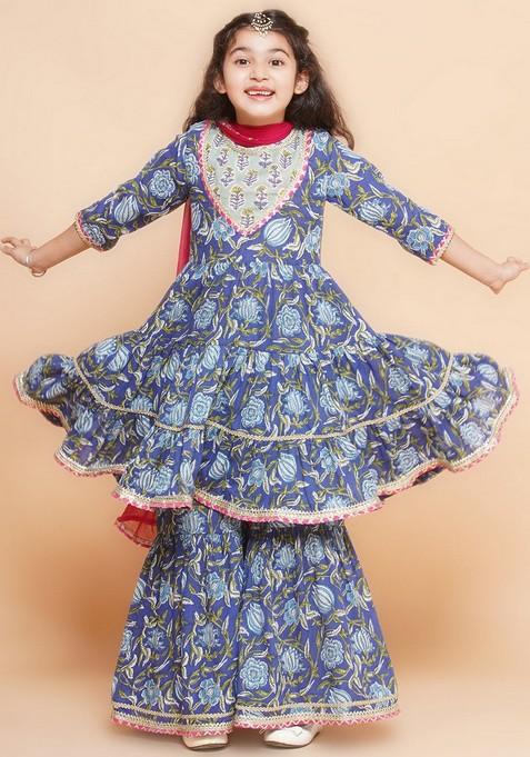 Blue Floral Print Kurta With Sharara And Dupatta (Set of 3)