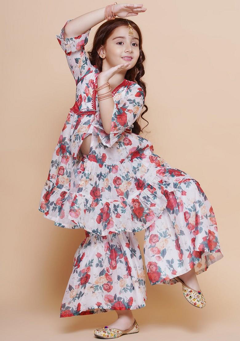 Red Printed Kurta With Sharara (Set of 2)