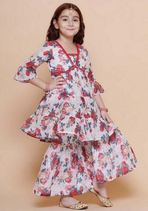 Red Printed Kurta With Sharara (Set of 2)