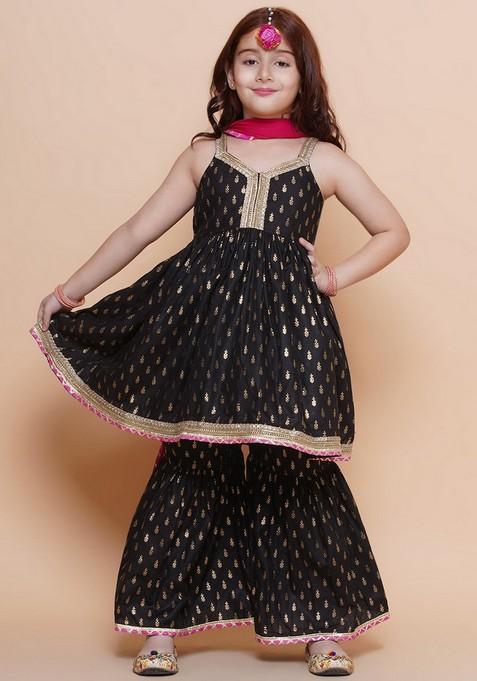 Black Foil Print Kurta With Sharara And Dupatta (Set of 3)