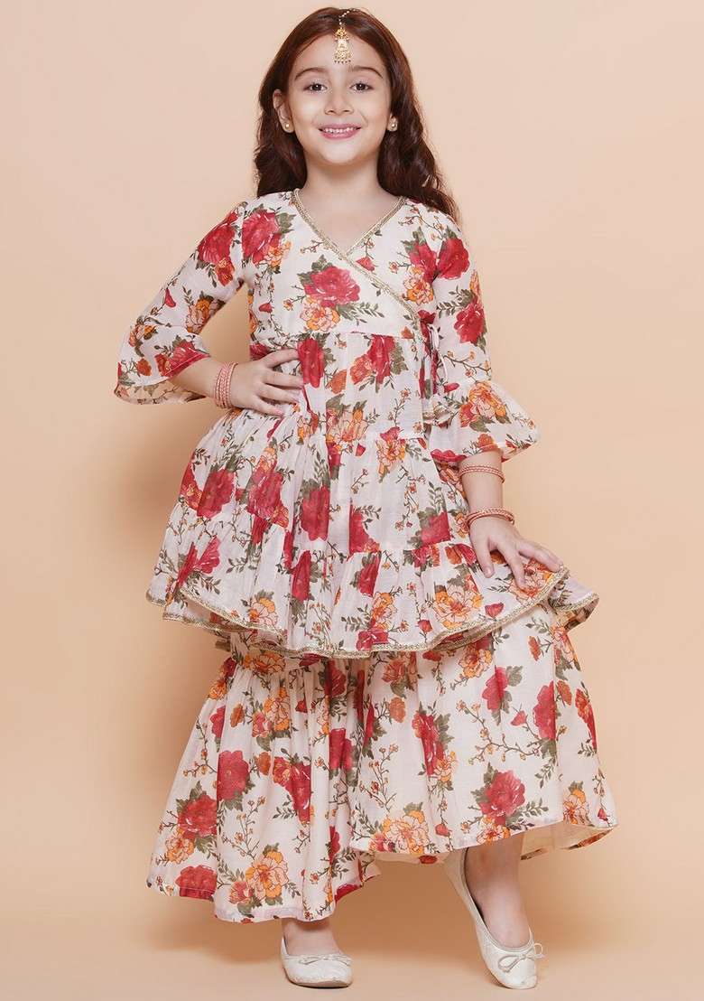 Off White Floral Print Kurta With Sharara (Set of 2) - Indya