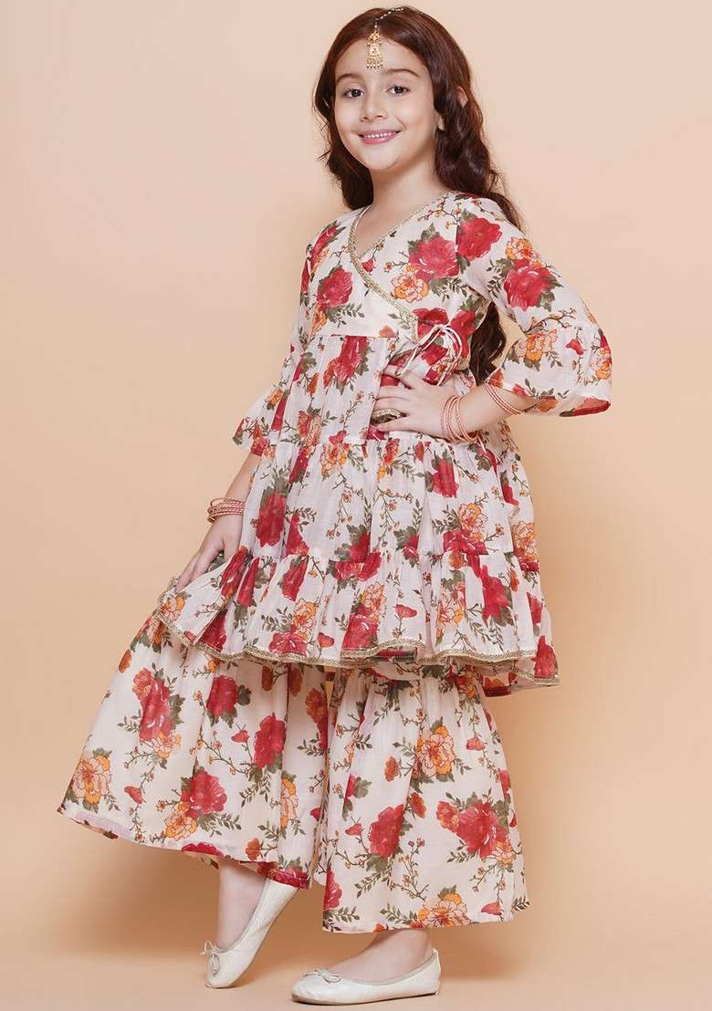 Off White Floral Print Kurta With Sharara (Set of 2) - Indya
