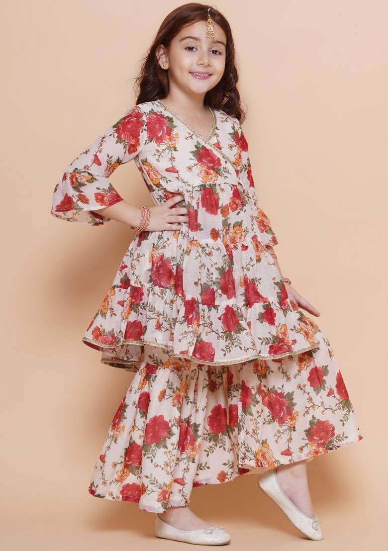 Off White Floral Print Kurta With Sharara (Set of 2) - Indya