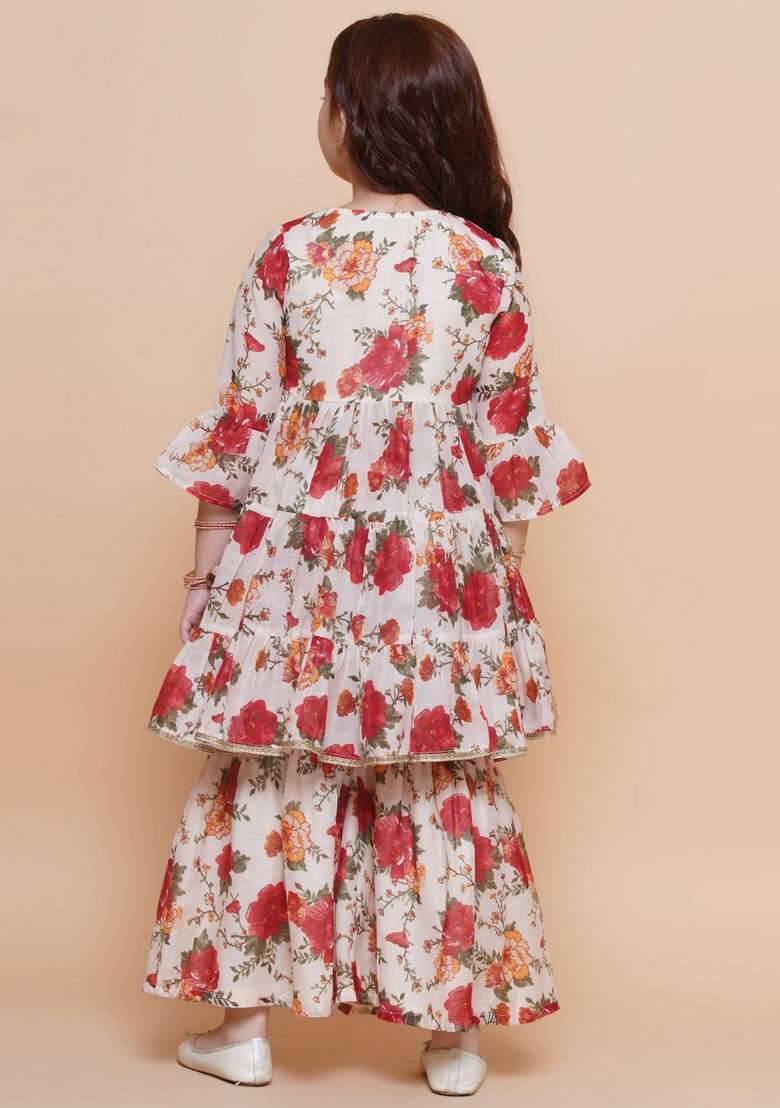 Off White Floral Print Kurta With Sharara (Set of 2) - Indya