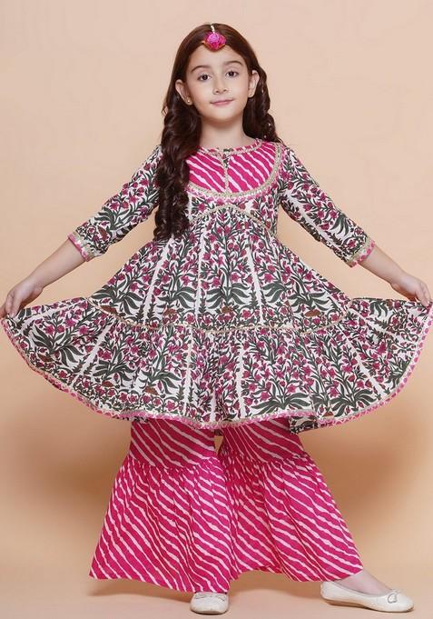 Pink Floral Print Kurta With Sharara (Set of 2)