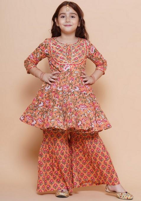 Peach Floral Print Kurta With Sharara (Set of 2)