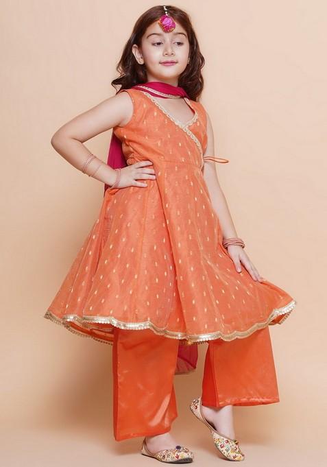 Peach Self Design Print Kurta With Pants And Dupatta (Set of 3)