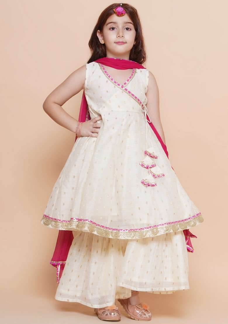 Off White Embroidered Kurta With Sharara And Dupatta (Set of 3) - Indya