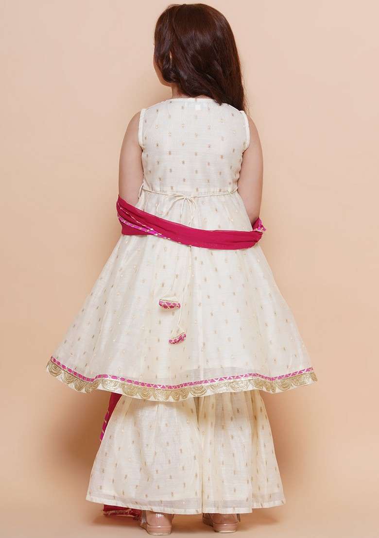 Off White Embroidered Kurta With Sharara And Dupatta (Set of 3) - Indya