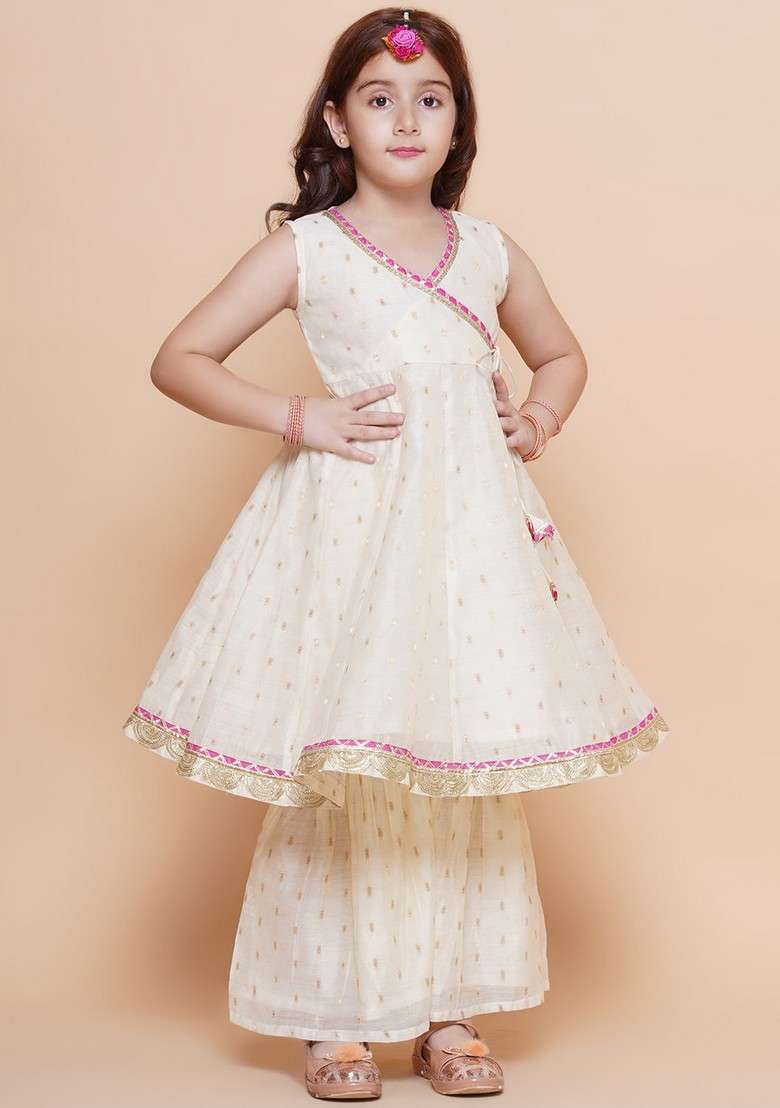 Off White Embroidered Kurta With Sharara And Dupatta (Set of 3) - Indya