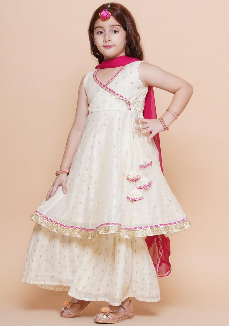 Off White Embroidered Kurta With Sharara And Dupatta (Set of 3) - Indya