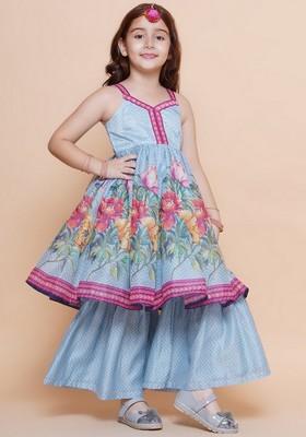 Blue Floral Print Kurta With Sharara And Dupatta (Set of 3)