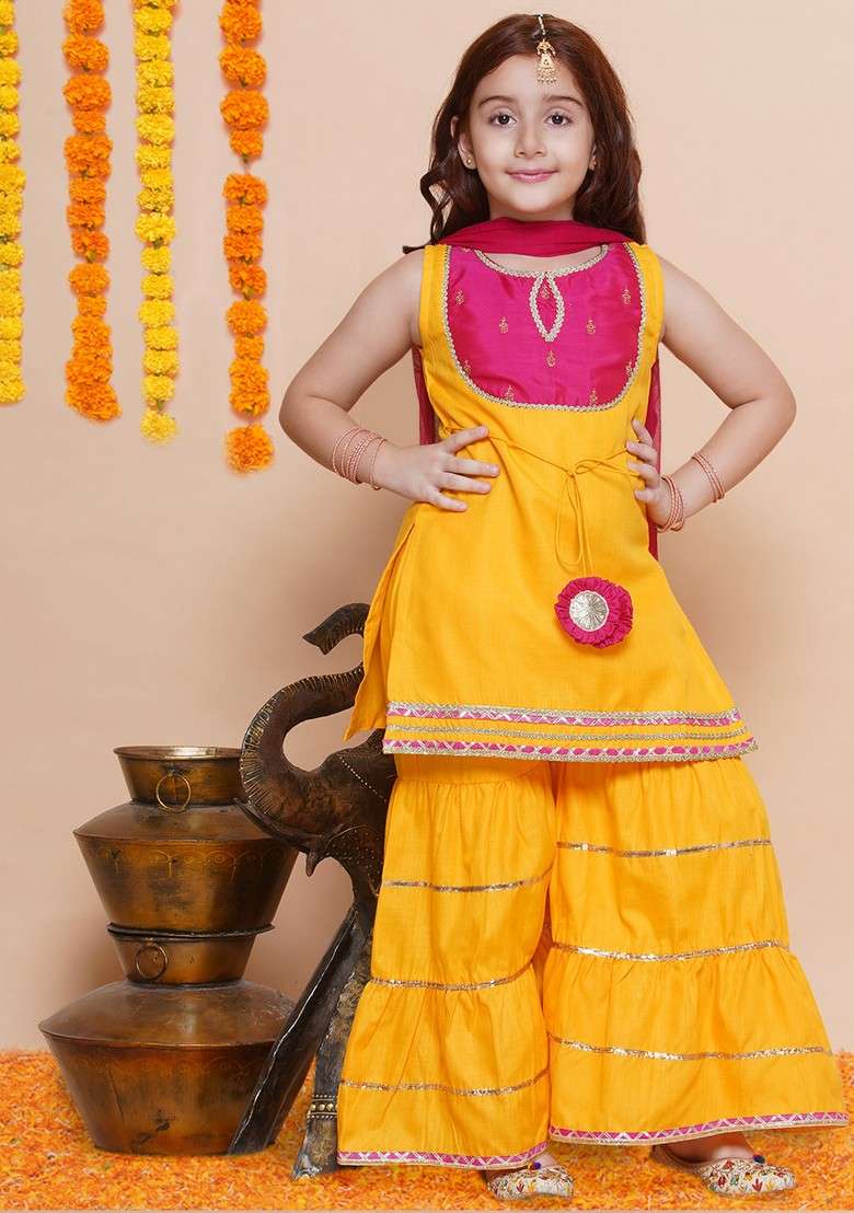 Yellow Kurta With Sharara And Dupatta (Set of 3) - Indya