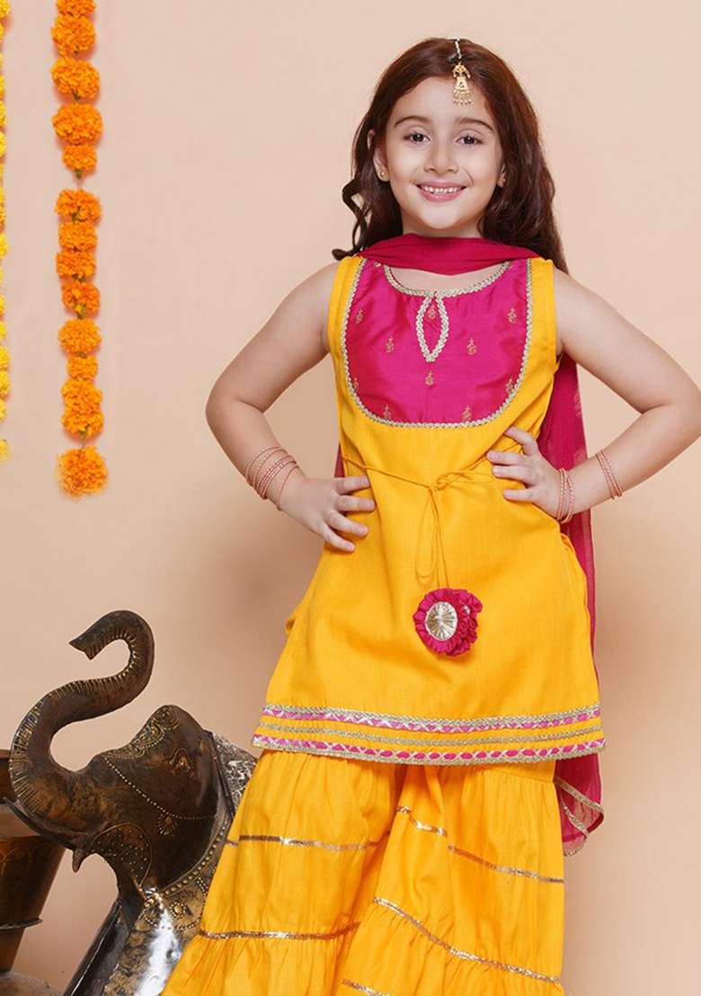 Yellow Kurta With Sharara And Dupatta (Set of 3) - Indya