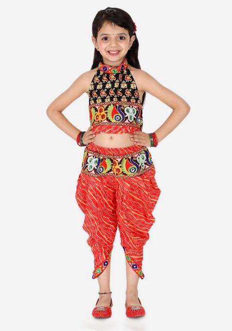 Black Printed Top With Dhoti Pants (Set of 2)