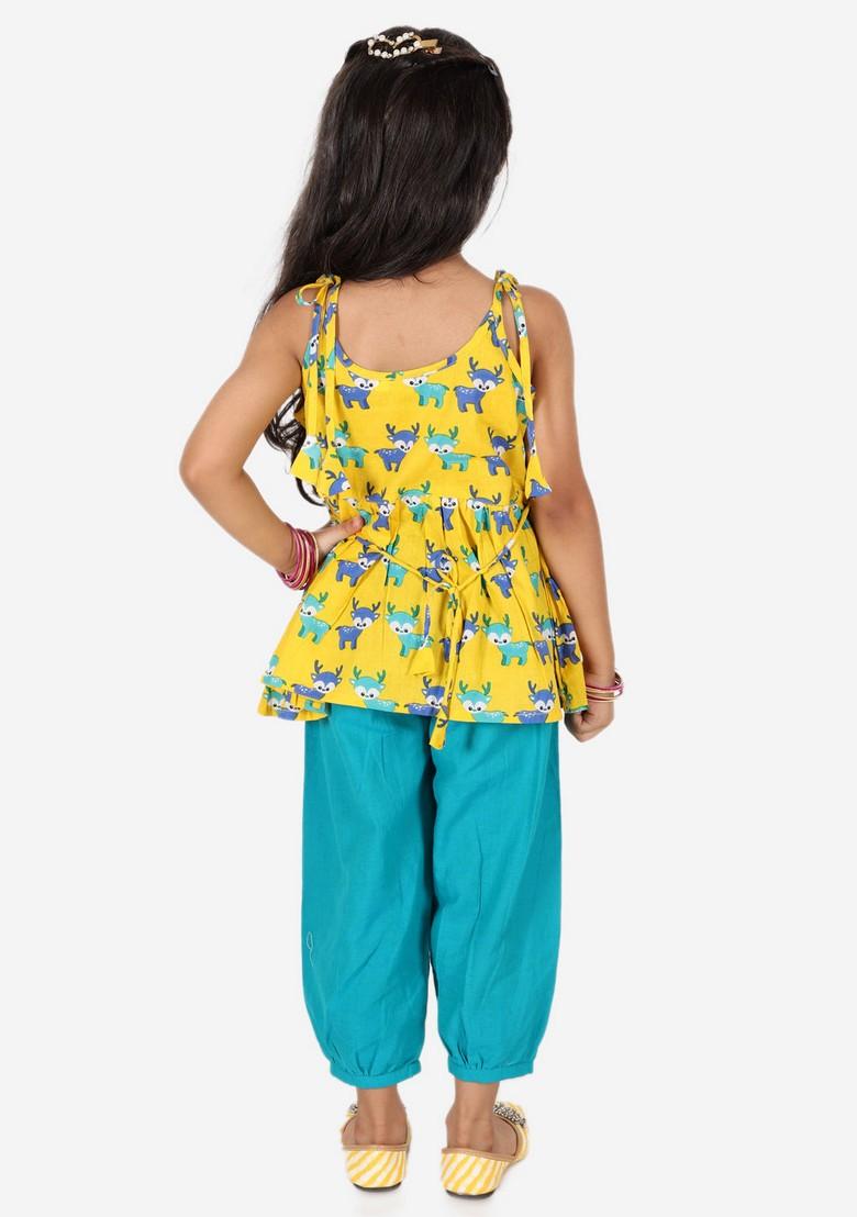 Yellow Printed Top With Dhoti Pants (Set of 2)