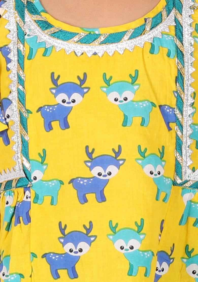 Yellow Printed Top With Dhoti Pants (Set of 2)