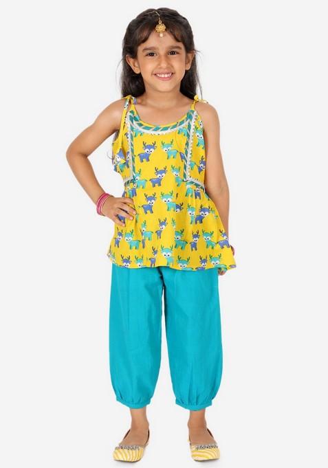 Yellow Printed Top With Dhoti Pants (Set of 2)