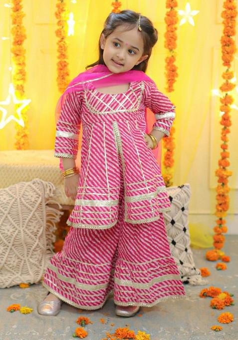 Pink Printed Sharara With Kurta And Dupatta (Set of 3)