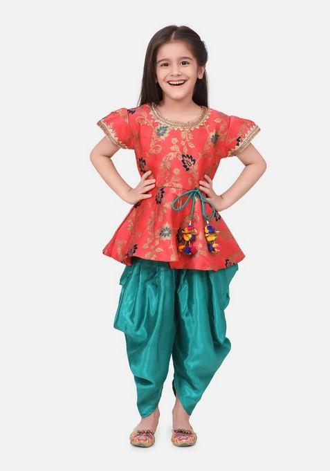 Pink Printed Peplum Top With Dhoti Pants (Set of 2)