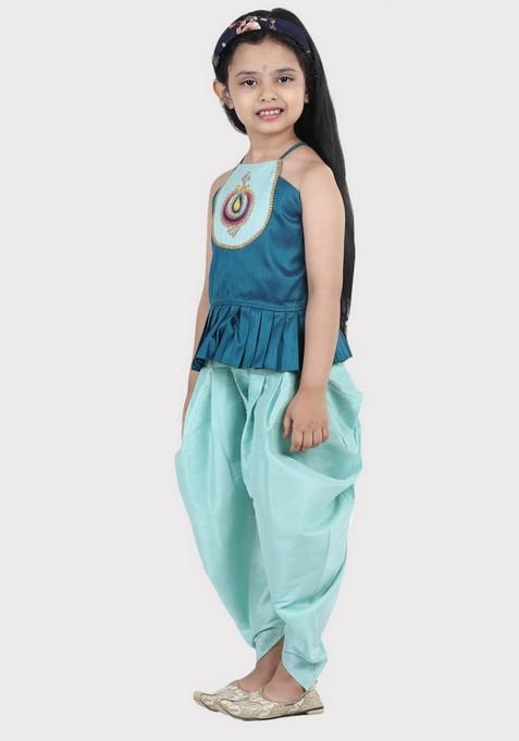 Blue Embroidered Top With Dhoti Pants (Set of 2)