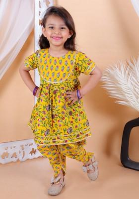 Yellow Printed Top With Dhoti Pants (Set of 2)