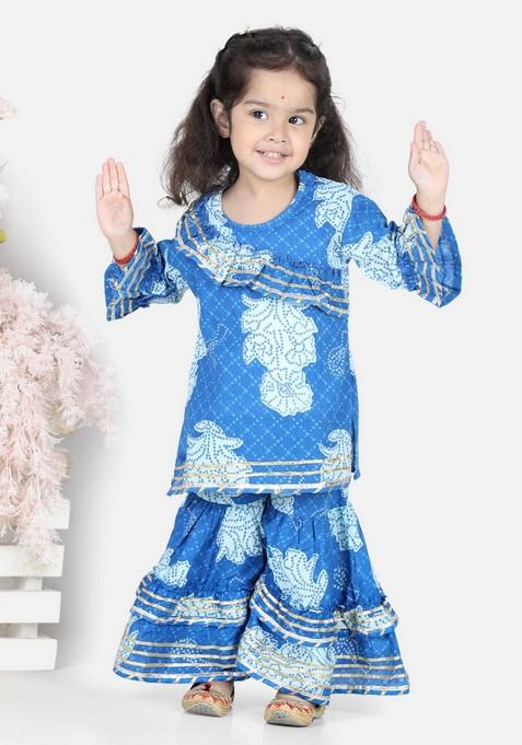 Blue Printed Sharara With Kurta (Set of 2)