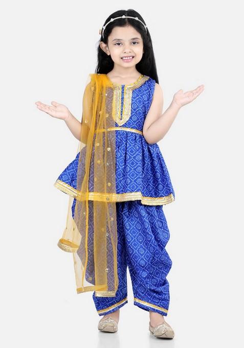 Blue Printed Kurta With Dhoti Pants And Dupatta (Set of 3)