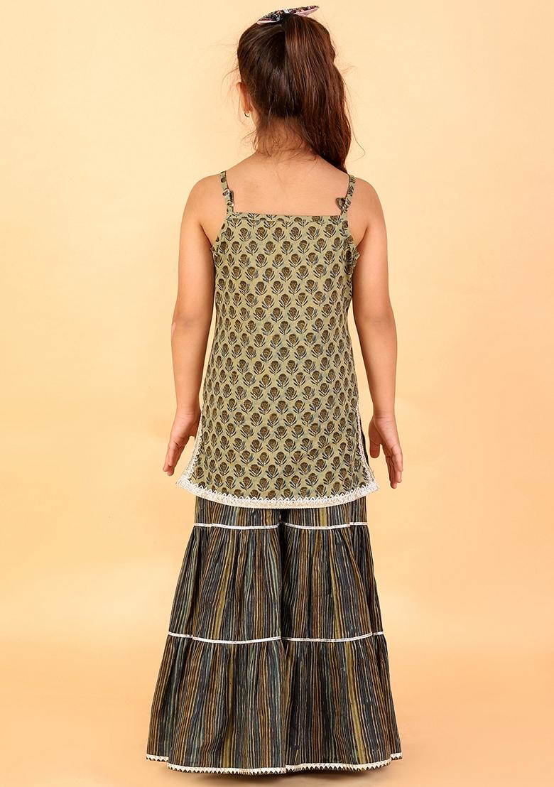 Green Printed Cotton Kurta With Sharara (Set of 2)