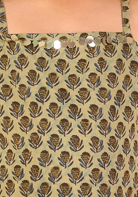 Green Printed Cotton Kurta With Sharara (Set of 2)