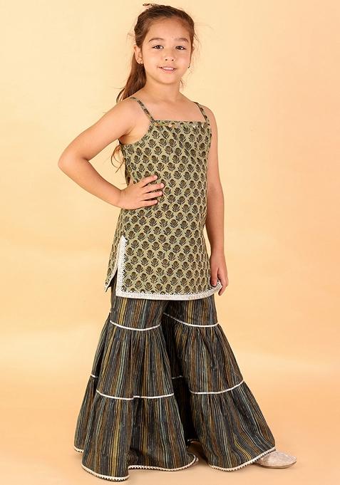 Green Printed Cotton Kurta With Sharara (Set of 2)