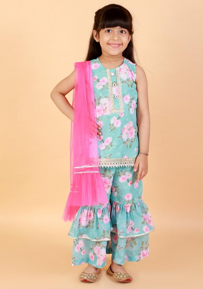 Blue Printed Polyester Kurta With Sharara And Dupatta (Set of 3)