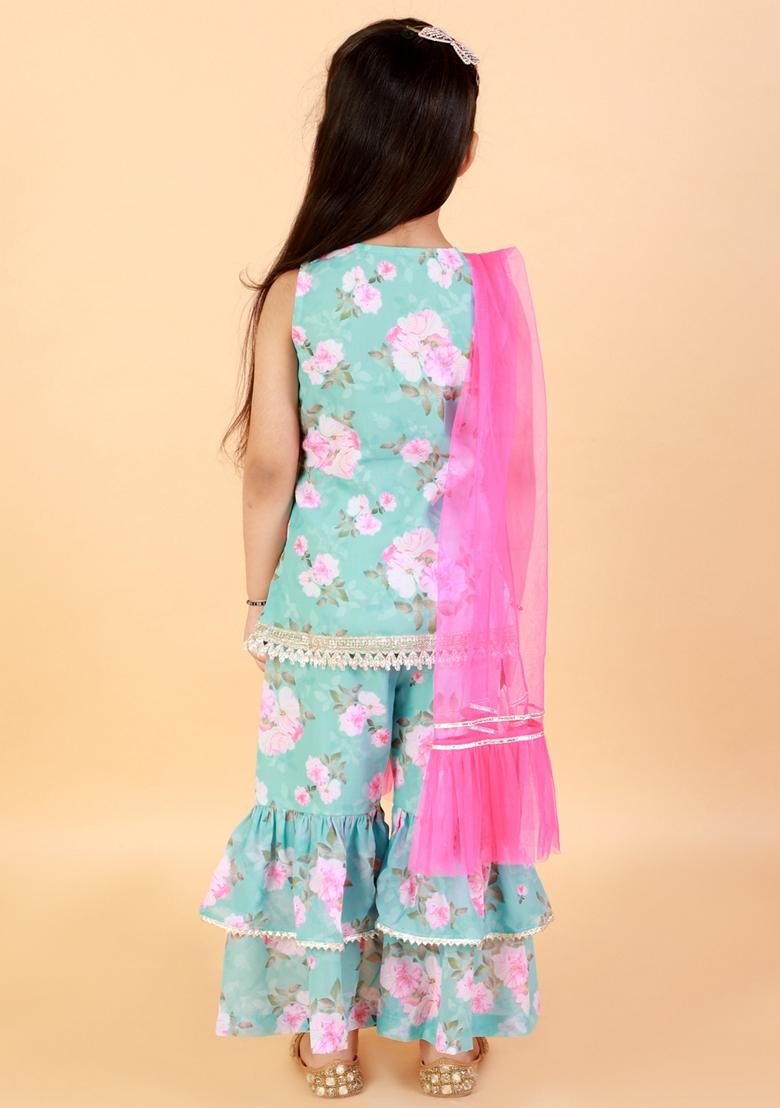 Blue Printed Polyester Kurta With Sharara And Dupatta (Set of 3)