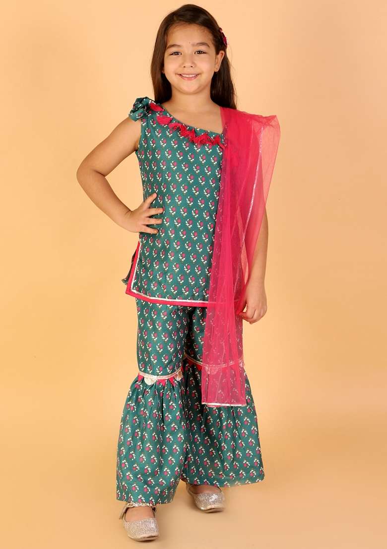 Green Printed Polyester Kurta With Sharara And Dupatta (Set of 3) - Indya