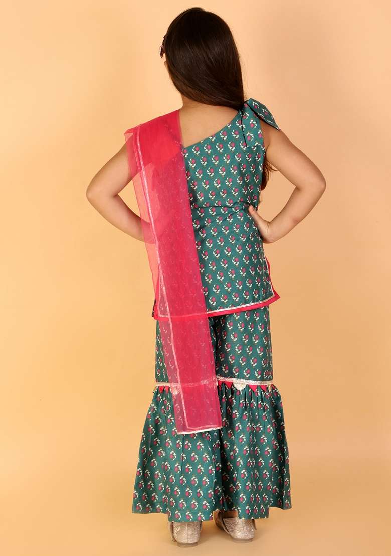 Green Printed Polyester Kurta With Sharara And Dupatta (Set of 3) - Indya