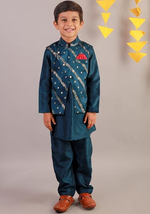 Teal Blue Foil Print Polyester Kurta With Pyjama And Jacket (Set of 3)