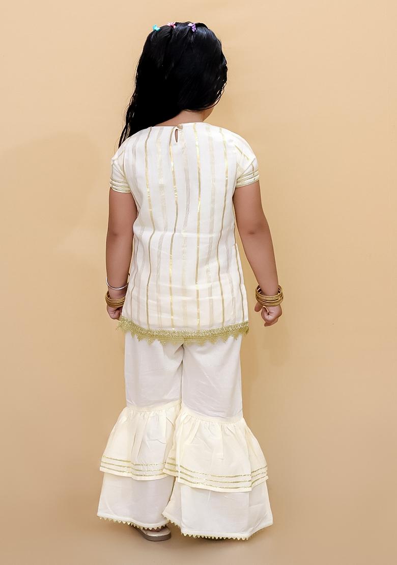 Off White Golden Tassels Cotton Kurta With Sharara (Set of 2)